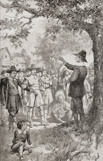 George Fox predigt 1671 einer Menge in Maryland, Amerika, während eines viertägigen Treffens lokaler Quäker. George Fox von Unbekannter Künstler
