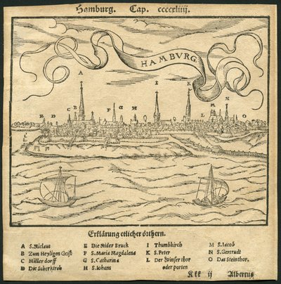 Deutschland, Hamburg, Blick auf die Stadt, im Vordergrund der Fluss Elbe, Illustration aus der Cosmographia von Sebastian Münster, ca. 1570 (Gravur) von Unbekannter Künstler