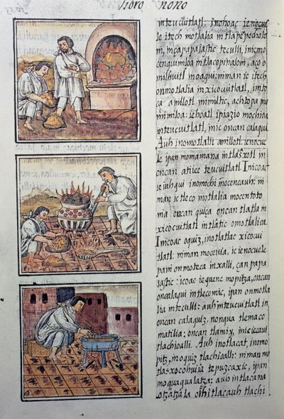 Goldproduktion durch die Spanier, Seite aus dem Florentiner Kodex, zweisprachige Version in Spanisch und Nahuatl, Allgemeine Geschichte der Dinge von Neuspanien, von Fray Bernardino de Sahagun von William M. Timlin