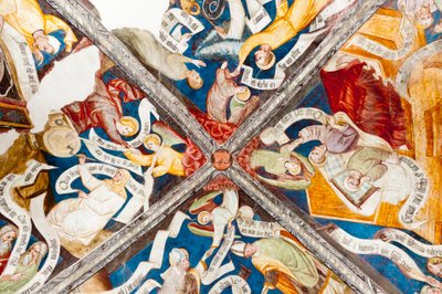 Gotisches Fresko; Lob der Tugend; Tadel des Lasters; mit Schrift; 10. Kreuzgang; Kathedrale; Brixen; Südtirol; Italien; Europa von Unbekannt