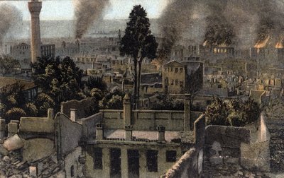 Griechenland, Saloniki (oder Thessaloniki): Blick auf die teilweise verbrannte Oberstadt, wahrscheinlich während des Brandes von 1917 - Postkarte 1914-1918 von Unbekannter Künstler
