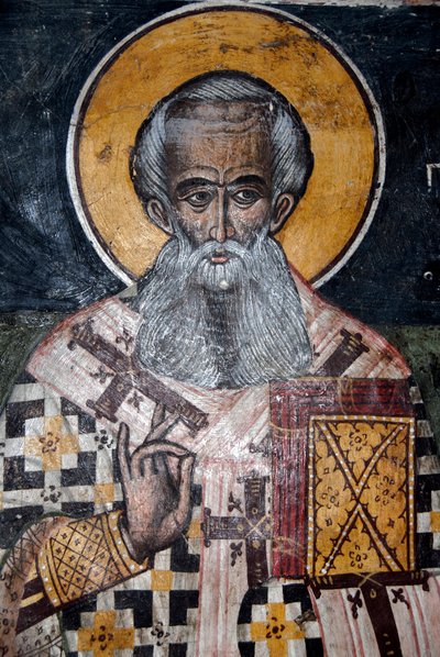 Griechisch-orthodoxes Christentum; antike byzantinische Fresken; Wandgemälde von Bischof Nikolaus; Kirche von Agios Nikolaos in Petra; Lesbos; Ägäisches Meer; Griechenland; Europa von Unbekannt