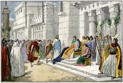 Griechische und römische Mythologie: Dido (oder Elissa), legendäre Gründerin und erste Königin von Karthago (Tunesien), empfängt Aeneas, den Helden des Trojanischen Krieges und Gründer von Lavinium, ursprünglich aus Rom (Italien). Kolorierte Gravur des 19. von Unbekannter Künstler