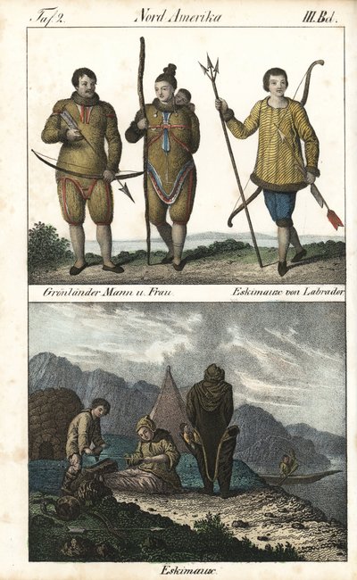 Grönländer in Fellen und ein Inuit aus Labrador (Kanada) mit einem Dreizack. Unten eine Alltagsszene des Inuit-Familienlebens vor einem Iglu, einem Zelt und einem Kanu, Nordamerika. Lithographie aus dem Buch: „Galerie complète en tableaux fidèles des von Unbekannter Künstler