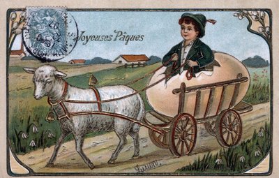 Ostergrußkarte: ein Kind, das aus einem Ei kommt, fährt einen Wagen, der von einem Lamm gezogen wird - Postkarte von 1907 von William M. Timlin
