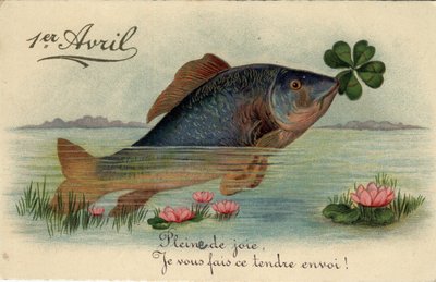 Grußkarte zum 1. April: Fisch mit einem vierblättrigen Kleeblatt - Postkarte Ende 19. bis Anfang 20. Jahrhundert von William M. Timlin