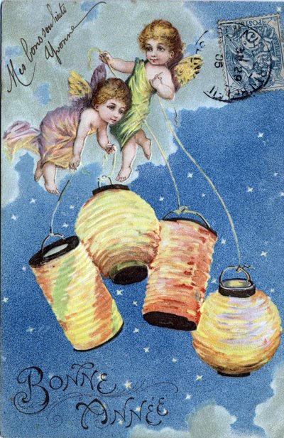Neujahrskarte: Zwei Engel mit Laternen - Postkarte von 1905 von Unbekannt