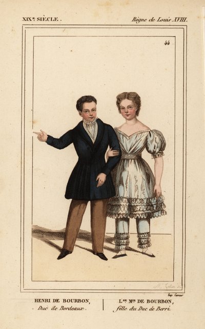 Henry, Graf von Chambord, Herzog von Bordeaux 1820-1883 und Louise Marie Therese von Artois, Tochter des Herzogs von Berry 1819-1870. Handkolorierte Lithographie von Madame Calon aus Le Bibliophile Jacob alias Paul Lacroix