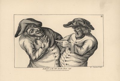 Hodge und Roaf beschuldigen sich gegenseitig, einen Topf Urin anstelle eines Krugs Bier stehen gelassen zu haben. Kupferstich von Thomas Sanders nach einer satirischen Illustration von Timothy Bobbin (John Collier) aus Human Passions Delineated, John Haywo von Unbekannter Künstler