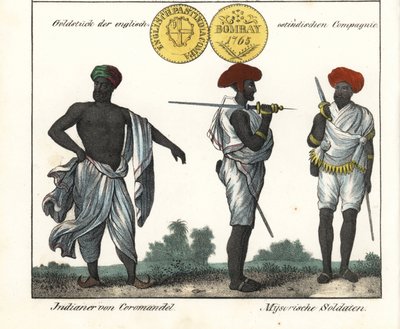 Indische Kostüme: ein Mann von der Koromandelküste und zwei Soldaten aus Mysore (oder Maissour). Mit einer Goldmünze der East India Company. Lithographie aus dem Buch: „Galerie complète en tableaux fidèles des peuples d