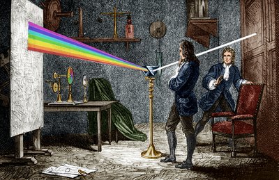 Isaac Newton zerlegt Licht mit einem Glasprisma von Unbekannter Künstler