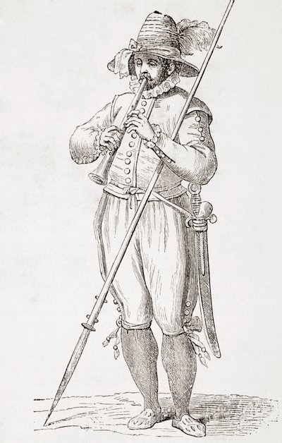 Italienischer Bauer, der Dulzaina spielt, nach einem Werk aus dem 16. Jahrhundert von Cesare Vecellio, aus 