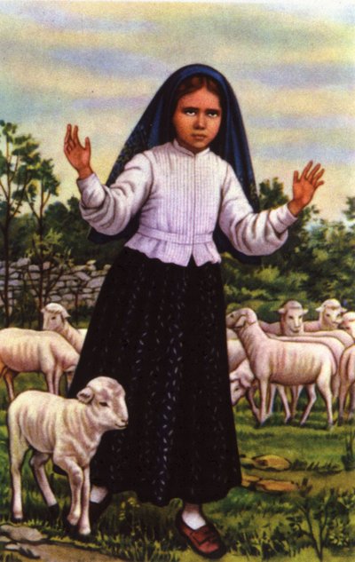 Jacinta, die die Jungfrau Maria in Fatima im Jahr 1917 sah, ca. 1920-1930 (Postkarte) von Unbekannter Künstler