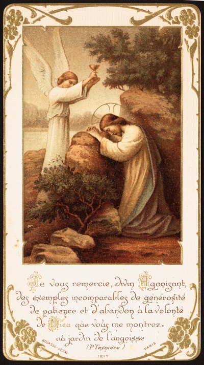 Jesus kniet im Gebet im Garten Gethsemane, ein Engel reicht ihm einen Kelch. Frühes 20. Jahrhundert (Postkarte) von Unbekannter Künstler