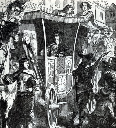 König Karl I. wird von der Menge verhöhnt nach dem gescheiterten Versuch, die fünf Parlamentsmitglieder John Pym, John Hampden, Denzil Holles, William Strode und Arthur Haselrig am 4. Januar 1642 zu verhaften. 19. Jahrhundert (Gravur aus „Geschichte der We von Unbekannter Künstler
