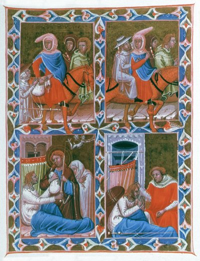 Ritter von Lyon nach Compostela, nimmt eine alte Frau und einen kranken Mann mit. Christus und dann St. Jacques erscheinen dem sterbenden Ritter von Unbekannter Künstler