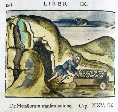Die Mine im 16. Jahrhundert: ein Mann schiebt einen mit Erz gefüllten Wagen zum Eingang einer Mine von Unbekannt