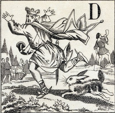 Buchstabe D: König Dagobert von einem Hasen verfolgt. Gravur in "ABC Les Images en Alphabet". Epinal-Bildgebung. Pellerin und Cie, Drucker-Verleger, Epinal, Ende des 19. Jahrhunderts, circa 1890. von Unbekannt
