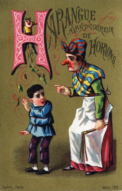 Buchstabe H: Ansprache vor dem Horionläufer. Gravur in "Alphabet des grotesques". Serie von 25 Werbechromolithographien auf goldenem Hintergrund, Ende des 19. Jahrhunderts. von Unbekannt