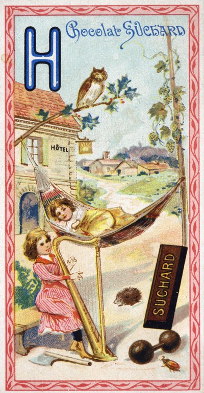 Buchstabe H: Hotel, Eule, Hängematte, Harfe, Axt, Igel, Hopfen, Hanteln, Chabbing, Hamlet (Alphabet) von Unbekannt