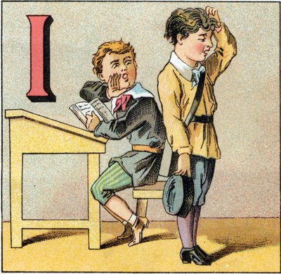 Buchstabe I als Ignoranz. Ein Schüler hat seine Lektion vergessen und wiederholt, was einer seiner Kameraden ihm vorsagt. Gravur in "Alphabet des kleinen Schülers". Imaging von Epinal, ca. 1885. von Unbekannt