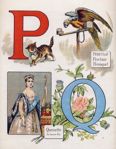 Buchstabe P und Q: kleines Kätzchen, Barsch, Papagei und Quenet, die rechte Fee. Gravur in "ABC L