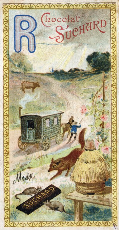 Buchstabe R: Strahlen, Wiederkäuer, Anhänger, Bienenstock, Fuchs, Ratten, Rose. Gravur des Alphabets herausgegeben von Chocolat Suchard, Anfang des 20. Jahrhunderts. 24 Chromolithografien. von Unbekannt