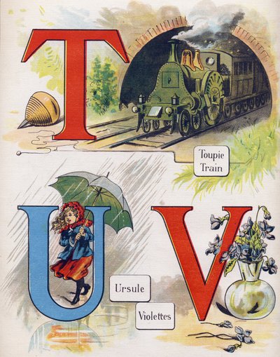 Buchstaben T, U und V: Kreisel, Zug, Ursula und Veilchen. Gravur in "ABC L
