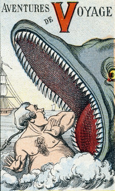 Buchstabe V: Reiseabenteuer. Gravur in "ABC Les Images en Alphabet". Epinal-Bildgebung. Pellerin und Cie, Drucker-Verleger, Epinal, Ende des 19. Jahrhunderts, circa 1890. von Unbekannt