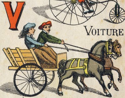 Buchstabe V für Auto. Gravur in "ABC Toys". Epinal-Bildgebung in Chromolithographie, um 1890. Kleines Heft mit 8 Seiten. von Unbekannt