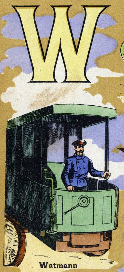 Buchstabe W wie Watmann mit einem Lokführer. Illustriertes Alphabet. Bildereien vereint in Jarville-Nancy, Anfang des 20. Jahrhunderts. Dim: 40 x 29 cm. Lithographie auf bistre Hintergrund von Unbekannt