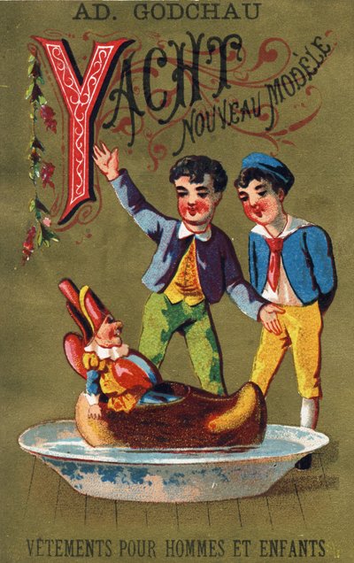 Buchstabe Y: Yacht neues Modell. Gravur in "Alphabet des grotesques". Serie von 25 Werbechromolithographien auf goldenem Hintergrund, Ende des 19. Jahrhunderts. von Unbekannt