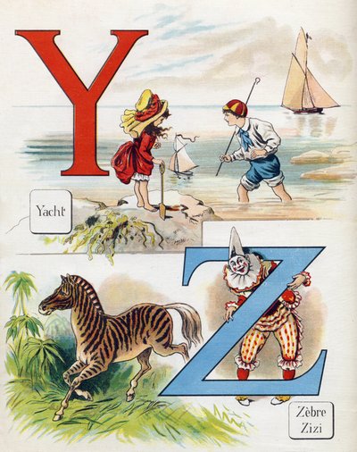 Buchstaben Y und Z: Yacht, Zebra und Zizi der Clown. Gravur in "ABC L