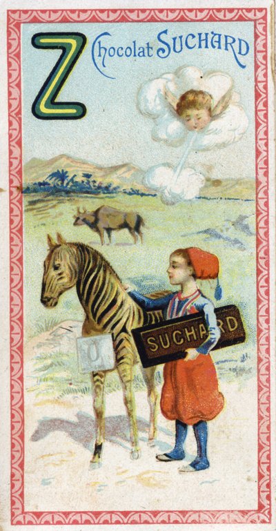 Buchstabe Z: Zephir, Zouave, Zebu, Zebra, Null. Gravur des Alphabets herausgegeben von Chocolat Suchard, Anfang des 20. Jahrhunderts. 24 Chromolithografien. von Unbekannt