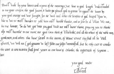 Brief von König Edward VI. im Alter von 9 Jahren an seinen Onkel Edward Seymour, in dem er ihm zum Sieg über die Schotten in der Schlacht von Pinkie am 10. September gratuliert von Unbekannt