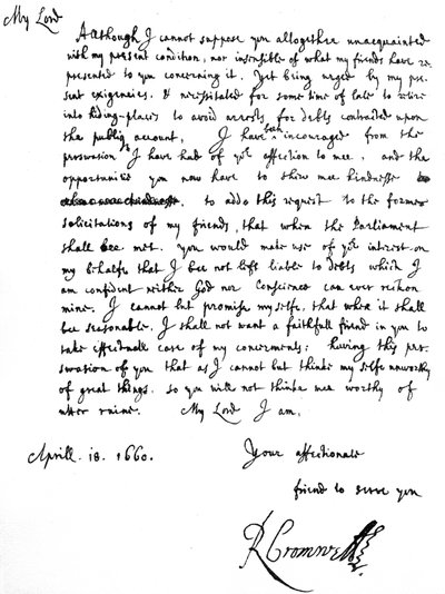 Brief von Richard Cromwell an George Monck, in dem er berichtet, dass seine 