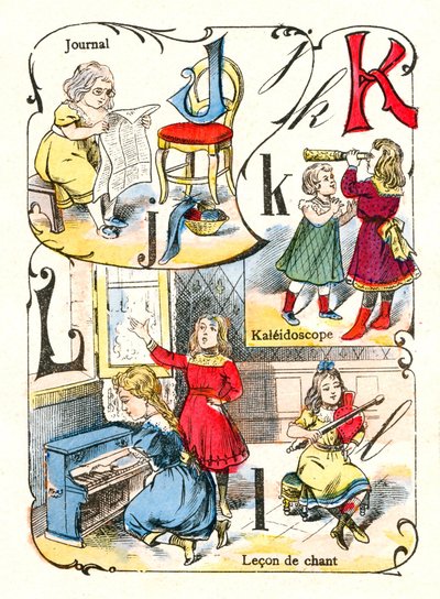 Buchstaben J K und L wie Journal, Kaleidoskop und Gesangslektion. Gravur in „Spaßalphabet“. Bild von Pont-à-Mousson. Druck und Verlag Louis Vagne, Ende des 19. Jahrhunderts von Unbekannt