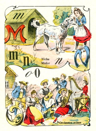 Buchstaben M N und O als Medor, Nische und Schweizer Orchester. Gravur in "Fun Alphabet". Imaging von Pont-a-Mousson. Druck und Verlag Louis Vagne, Ende des 19. Jahrhunderts von Unbekannt