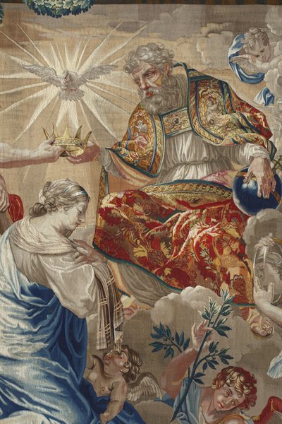 Leben der Jungfrau: „Krönung der Jungfrau“ Detail, das Gott und die Taube des Heiligen Geistes über der Jungfrau darstellt - Woll- und Seidentapisserie aus der Werkstatt von Pierre Damour nach Zeichnungen von Charles Poerson (1609-1667) von Unbekannt