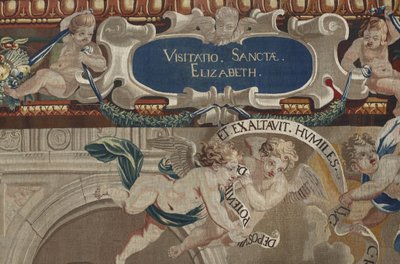 Leben der Jungfrau: „Die Heimsuchung“ (Detail) Wandteppich aus Wolle und Seide, hergestellt in der Werkstatt von Pierre Damour nach den Zeichnungen von Charles Poerson (1609-1667) von William M. Timlin