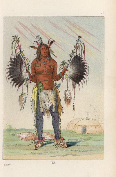 Mandan-Medizinmann Mah-to-he-hah, Alter Bär, bemalt mit verschiedenen Farben, Bärenschmalz und Holzkohle, hält gefiederte Medizinpfeifen und trägt Fuchsschwänze an den Fersen. Handkolorierte Lithographie aus George Catlin