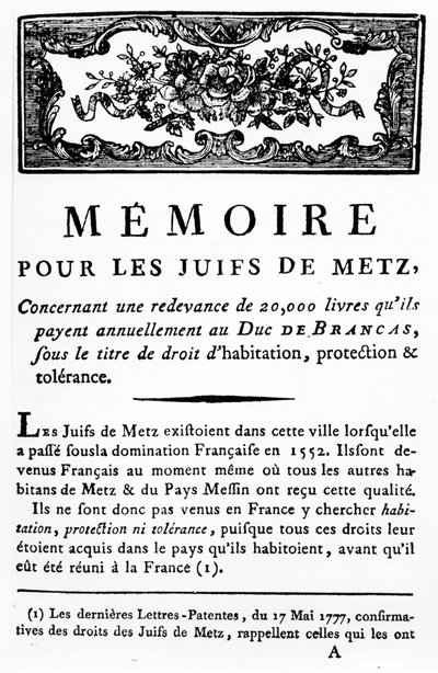 Manifest zur Unterstützung der Juden von Metz zur Abschaffung der an den Herzog von Brancas zu zahlenden Steuer, ca. 1790 von Unbekannt