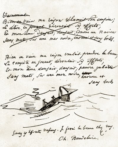 Manuskript von Charles Baudelaire, illustriert mit einer Zeichnung eines Bootes von Unbekannter Künstler