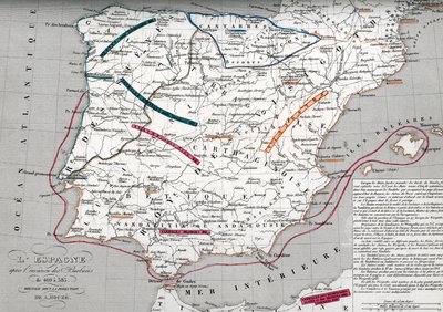 Karte von Spanien zur Zeit des germanischen Hispania, 409-585. Gravur aus dem „Atlas Universel“ von Houze von Unbekannter Künstler