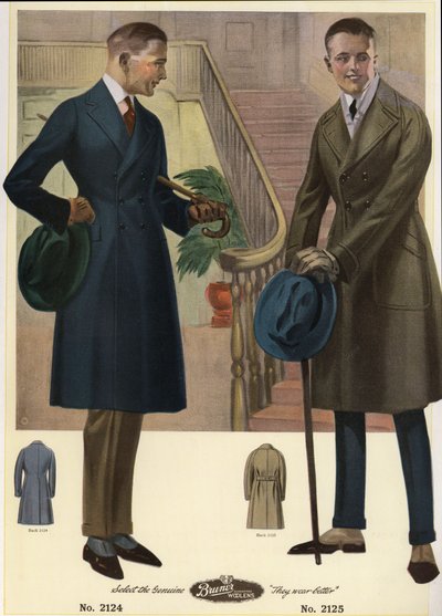 Männermode 1920 - Männer in zweireihigen Mänteln mit Spazierstöcken und Hüten, die Gamaschen tragen. Chromolithographie aus einem Katalog der Herrenmode von Bruner Woolens von Unbekannter Künstler