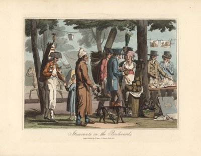 Wanderhändler auf den Boulevards, ein Kräutertee-Verkäufer mit seinem Fass auf dem Rücken, ein Blinder mit seinem Hund, ein Träger und ein Druckverkäufer - Radierung nach einer Illustration von Victor Auver, aus Un tour durch Paris, veröffentlicht von Will von Unbekannter Künstler