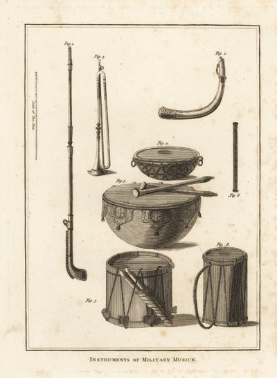 Militärische Musikinstrumente: Trompete, Horn, Pfeife, Kesselpauke, Seitentrommel von Unbekannt