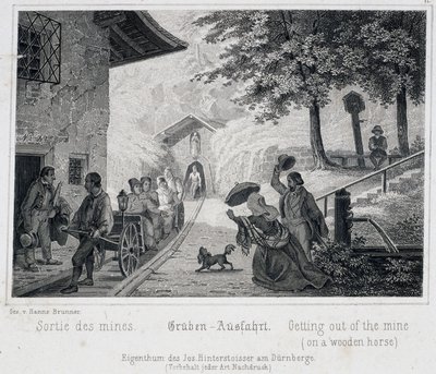 Salzmine: der Ausgang der Touristen aus der Mine auf einem Holzfahrzeug, das auf Schienen gezogen wird, in Durrnburg, Österreich, um 1850 von Unbekannt