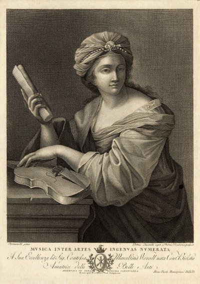 Musica inter artes ingenua numerata, Kupferstich von Pietro Savorelli nach einem Gemälde von Giovanni Francesco Romanelli, Barockmaler des 18. Jahrhunderts. von Unbekannter Künstler
