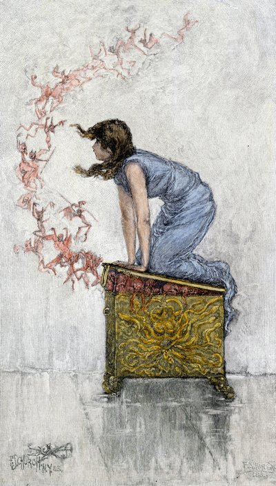 Mythen und Legenden: Pandora, zu neugierig, öffnet die Büchse trotz des Verbots und befreit die Dämonen, die alle Übel der Menschheit enthalten. Farbige Gravur des 19. Jahrhunderts. von Unbekannter Künstler